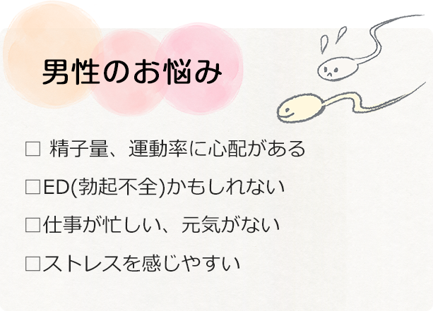 男性のお悩み □ 精子量、運動率に心配がある □ED(勃起不全)かもしれない □仕事が忙しい、元気がない □ストレスを感じやすい