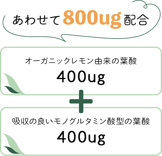 オーガニックレモン由来葉酸400μg+吸収の良いモノグルタミン酸型の葉酸400μg=あわせて800μg配合
